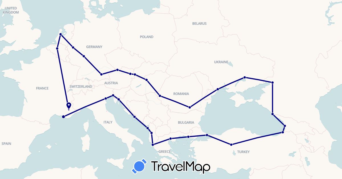 TravelMap itinerary: driving in Albania, Austria, Belgium, Czech Republic, Germany, France, Georgia, Greece, Croatia, Hungary, Italy, Montenegro, Netherlands, Romania, Russia, Slovakia, Turkey, Ukraine (Asia, Europe)